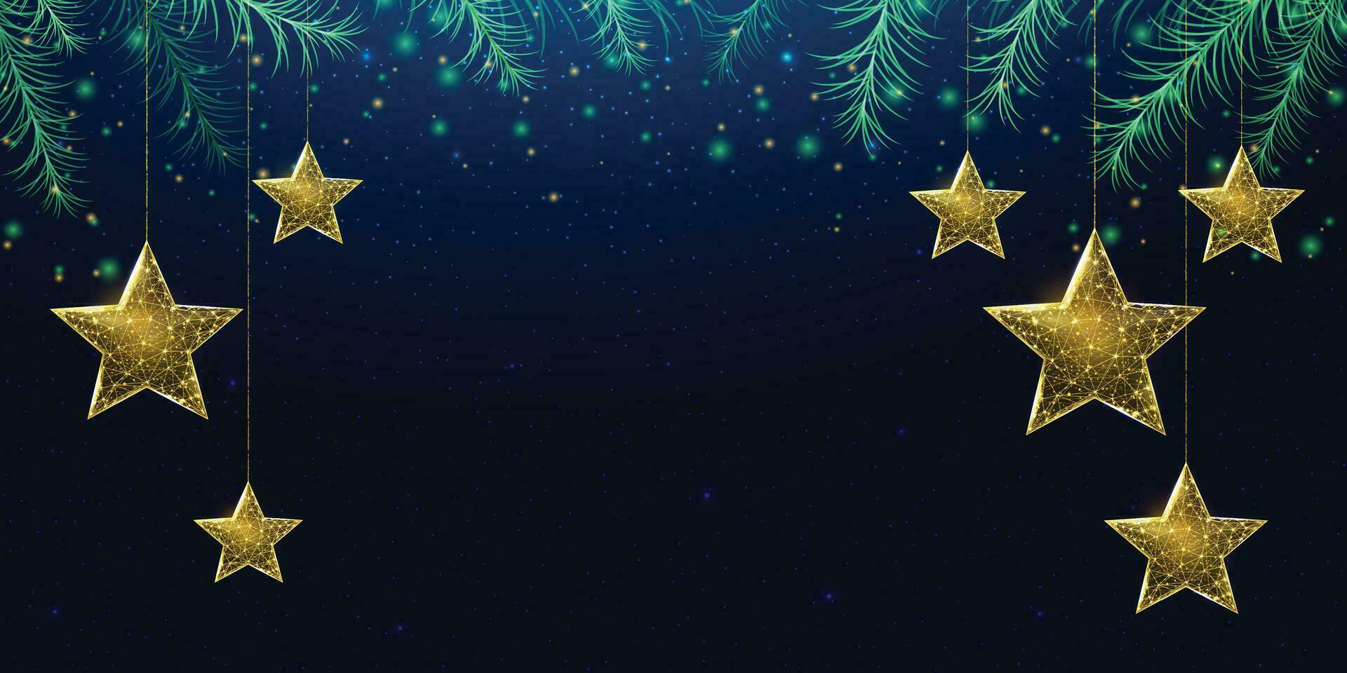 étoiles de noël filaires et branches d'arbres de noël, style low poly. bannière du nouvel an. illustration vectorielle 3d moderne abstraite sur fond bleu. vecteur