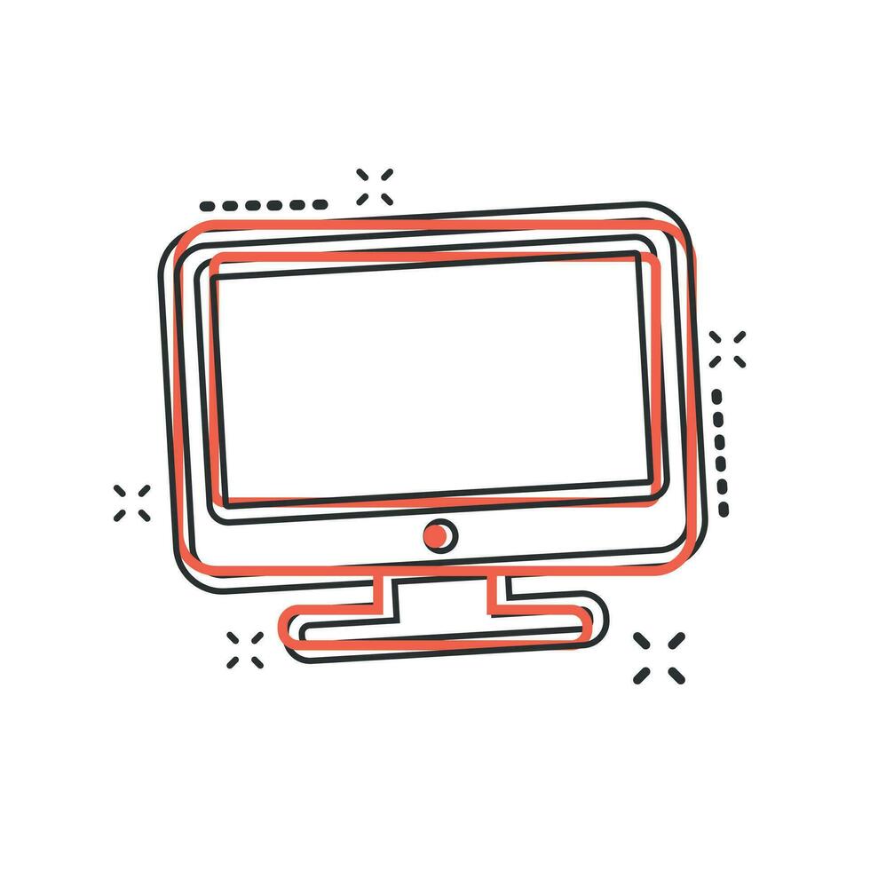 icône d'ordinateur de dessin animé de vecteur dans le style comique. surveiller le pictogramme d'illustration de signe. concept d'effet d'éclaboussure d'entreprise de télévision.