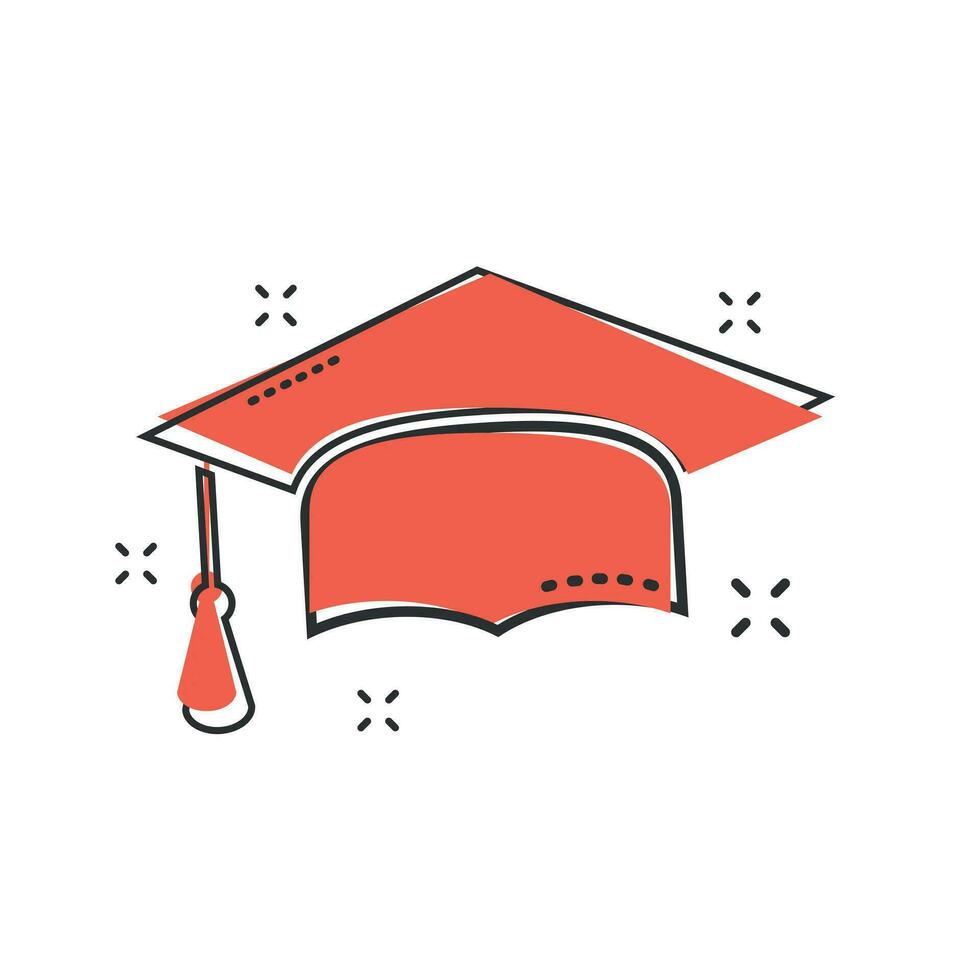 icône de chapeau de graduation de dessin animé dans le style comique. terminer le pictogramme d'illustration de signe d'éducation. concept d'entreprise d'éducation. vecteur