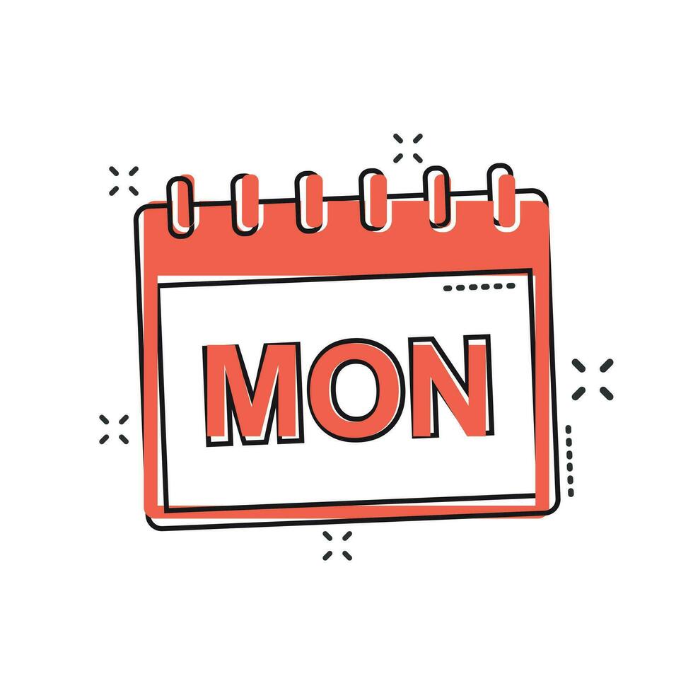 icône de page de calendrier de lundi de dessin animé de vecteur dans le style comique. pictogramme d'illustration de signe de calendrier. concept d'effet d'éclaboussure d'affaires de l'ordre du jour du lundi.