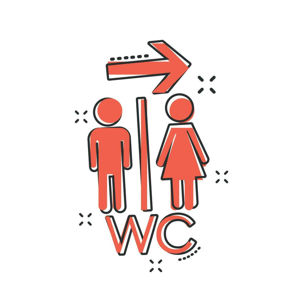 wc de dessin animé de vecteur, icône de toilette dans le style comique. pictogramme d'illustration de signe de toilettes hommes et femmes. concept d'effet d'éclaboussure d'entreprise wc. vecteur