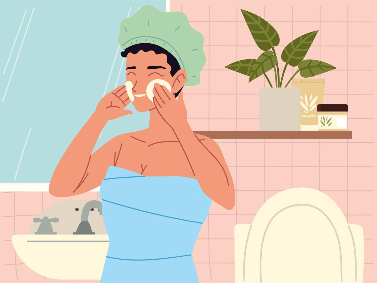 une femme se tient dans la salle de bain avec un miroir et applique une crème hydratante pour le visage vecteur