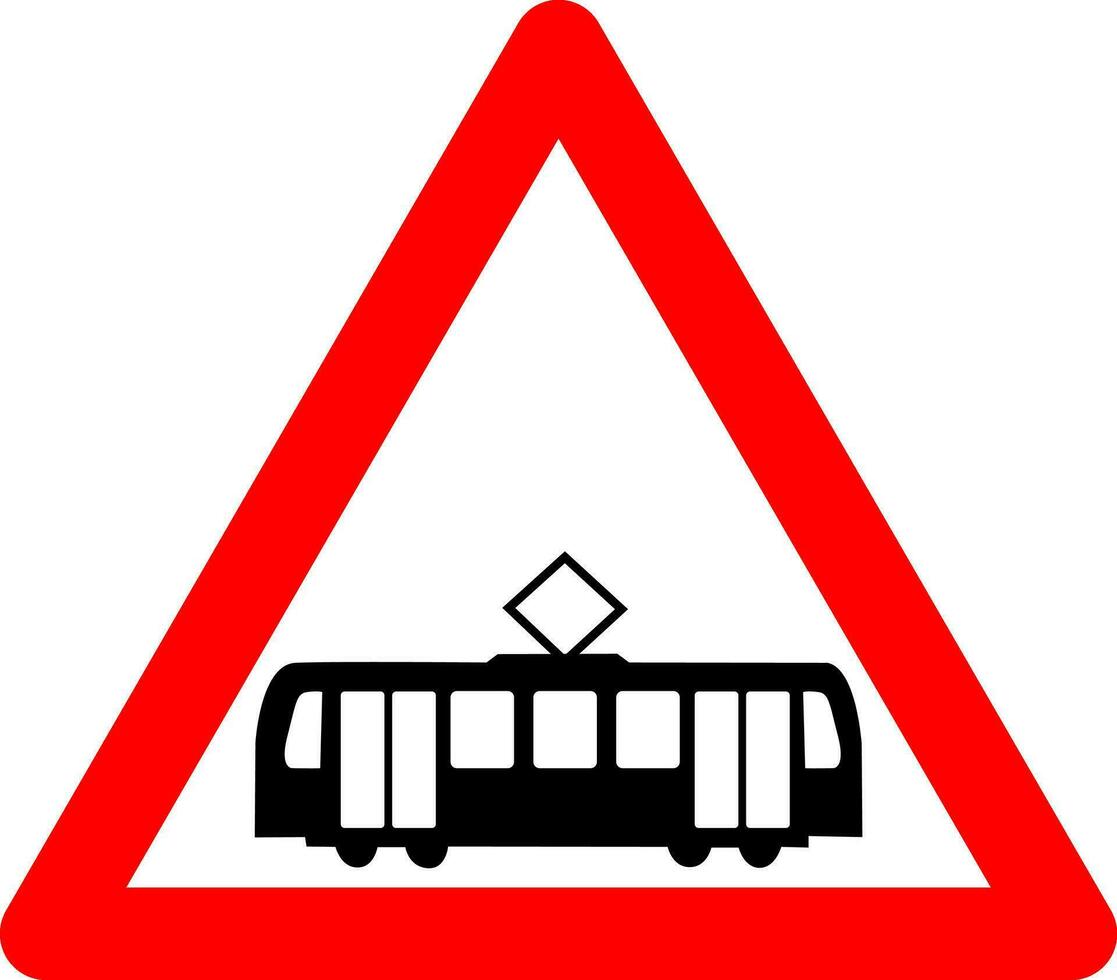 tramway traversée signe. avertissement signe traversée avec tram des pistes. rouge Triangle signe avec tram silhouette à l'intérieur. mise en garde tram. route signe. vecteur