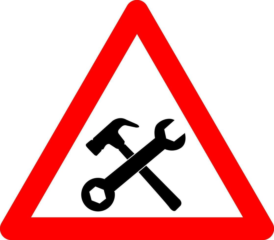 en dessous de construction signe. avertissement signe atelier. rouge Triangle signe avec franchi marteau et clé icône à l'intérieur. mise en garde à le construction placer. ouvriers, machinerie et autre obstacles. vecteur