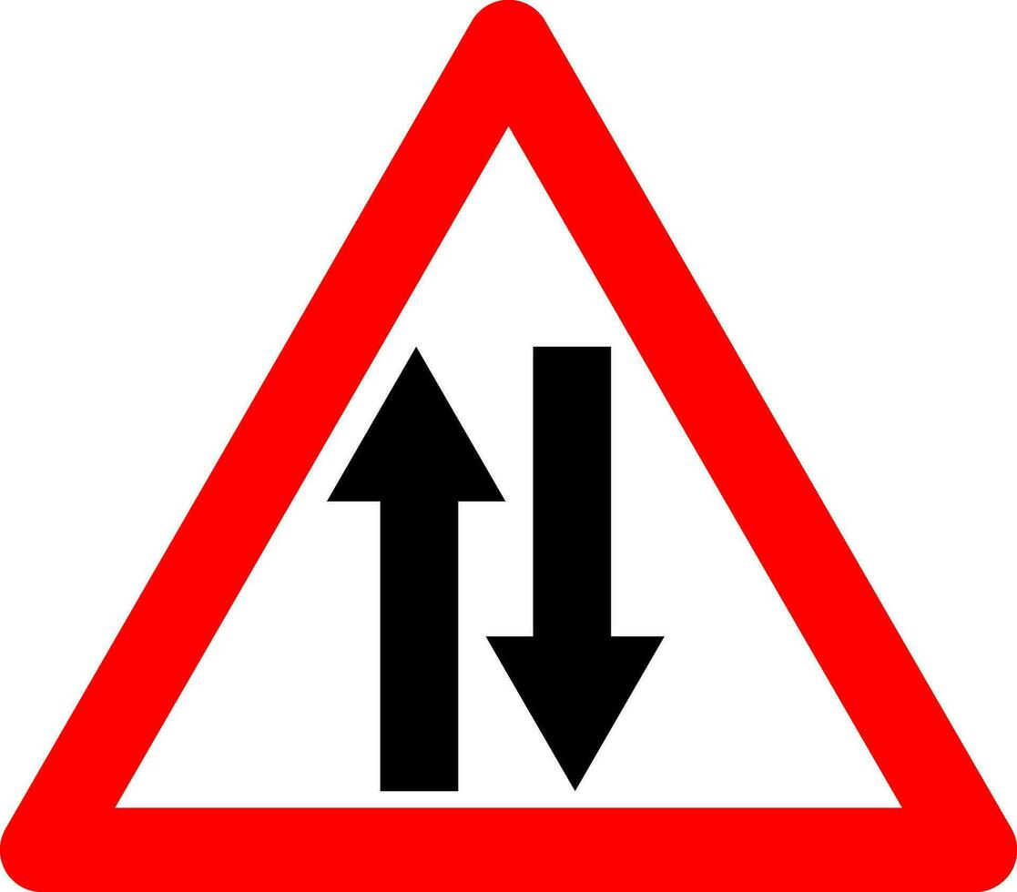 deux façon circulation signe. avertissement signe deux façon circulation. rouge Triangle signe avec flèches silhouette à l'intérieur. mise en garde entrer deux façon route. route signe. circulation dans tous les deux directions. vecteur