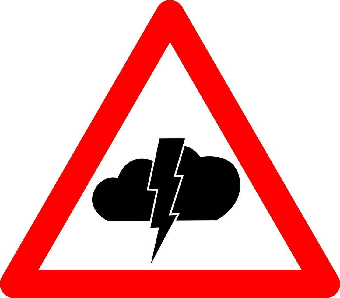 orage avertissement signe. rouge Triangle signe avec foudre et nuage icône à l'intérieur. il faut se méfier de mal temps. orage danger. regarder en dehors pour foudre boulons. ouragan, orage, tempête, orageux vent. vecteur