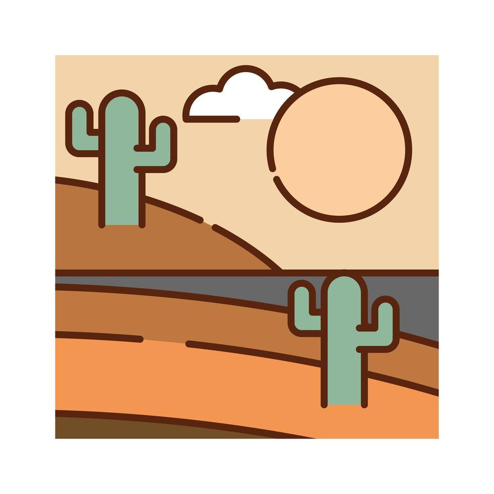 paysage désert aride cactus sable soleil nature dessin animé ligne remplie plat couleurs vecteur