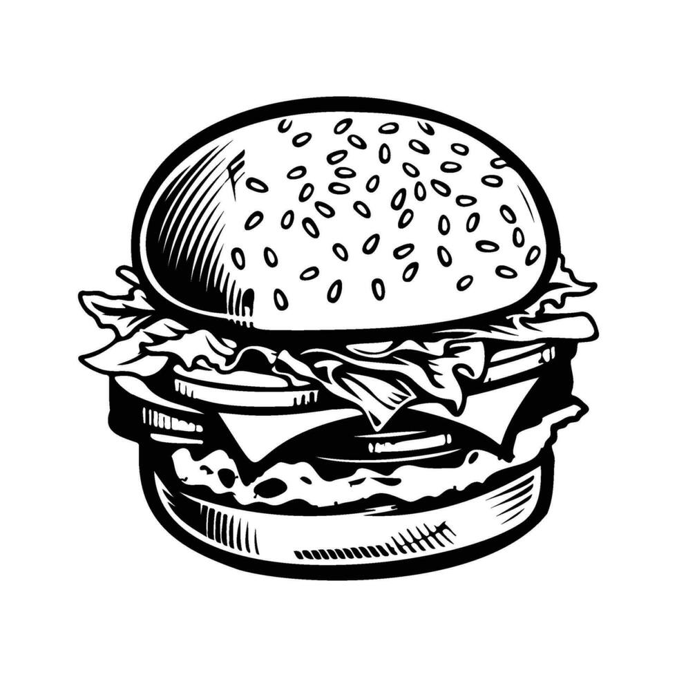 Hamburger main tiré vecteur illustration esquisser rétro style, délicieux ancien gravure nourriture conception. américain Burger vecteur Hamburger ancien style isolé sur blanc