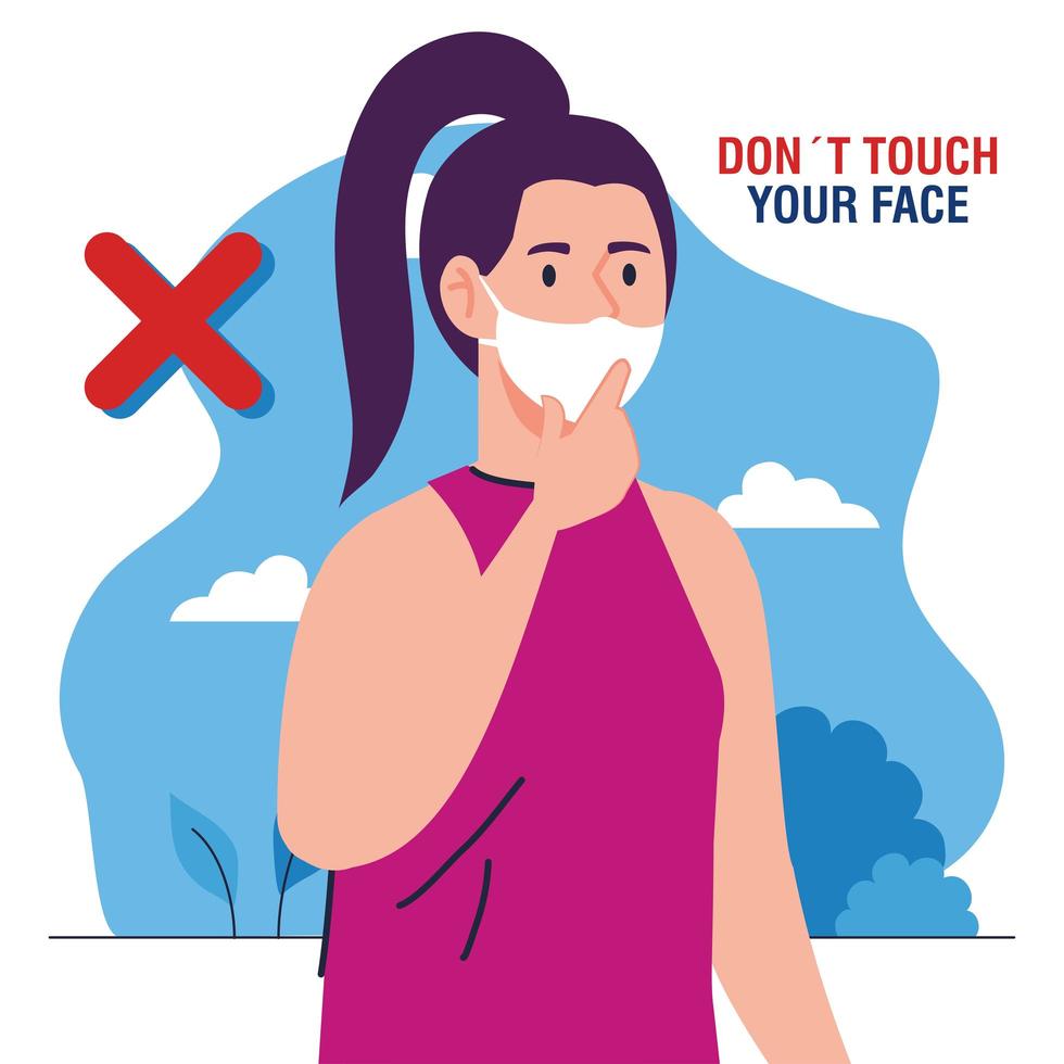 ne touchez pas votre visage, femme portant un masque facial, évitez de toucher votre visage, prévention du coronavirus covid19 vecteur