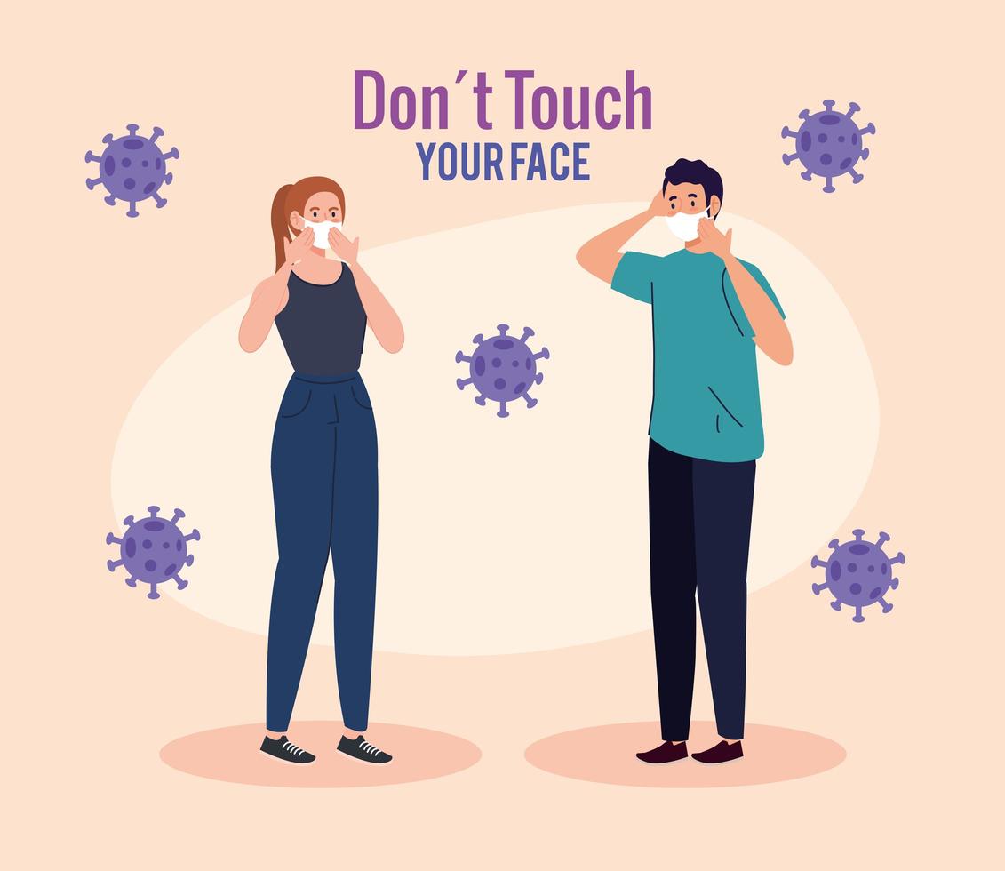 ne touchez pas votre visage, couple utilisant un masque facial, évitez de toucher votre visage, prévention du coronavirus covid19 vecteur