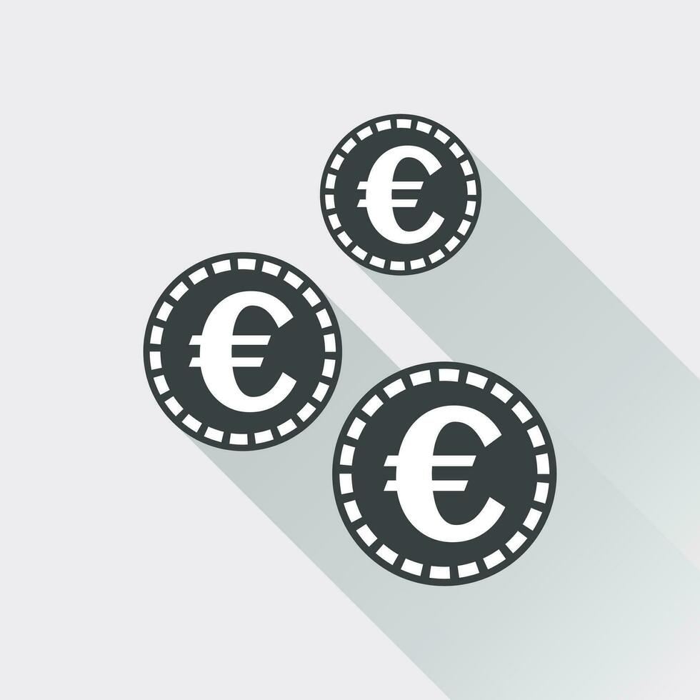 euro pièces de monnaie icône. vecteur illustration dans plat style. noir pièce de monnaie sur blanc Contexte avec longue ombre.