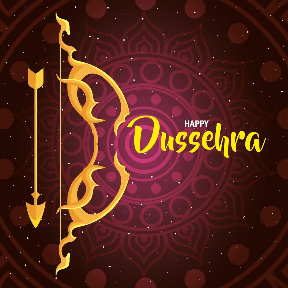 joyeux festival de dussehra, arche dorée et flèche avec mandala sur fond vecteur