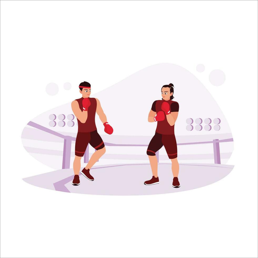 deux professionnel boxeurs, boxe duel dans le anneau, avec Puissance et attaque. tendance moderne vecteur plat illustration.