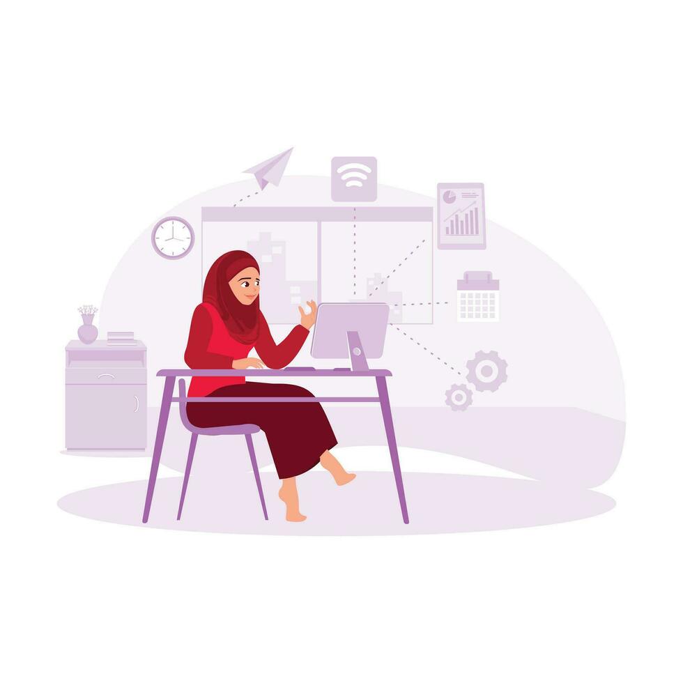 musulman femme d'affaires, portant hijab, travail professionnellement dans le Bureau avec une ordinateur. tendance moderne vecteur plat illustration.