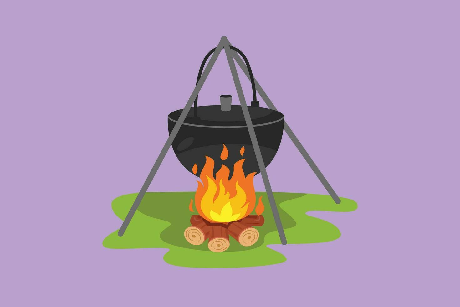 graphique plat conception dessin noir camping pot plus de une feu. chaud nourriture cuisine sur feu de camp, marron chaudron bouilloire plus de Feu avec bois. délicieux poisson soupe pour dîner. dessin animé style vecteur illustration