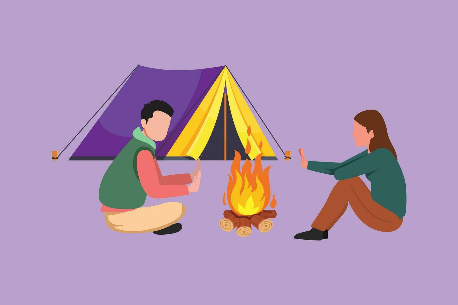 dessin animé plat style dessin de en voyageant romantique couple actif des loisirs camping autour feu de camp tentes. Jeune homme et magnifique femme chaud leur mains près feu. graphique conception vecteur illustration