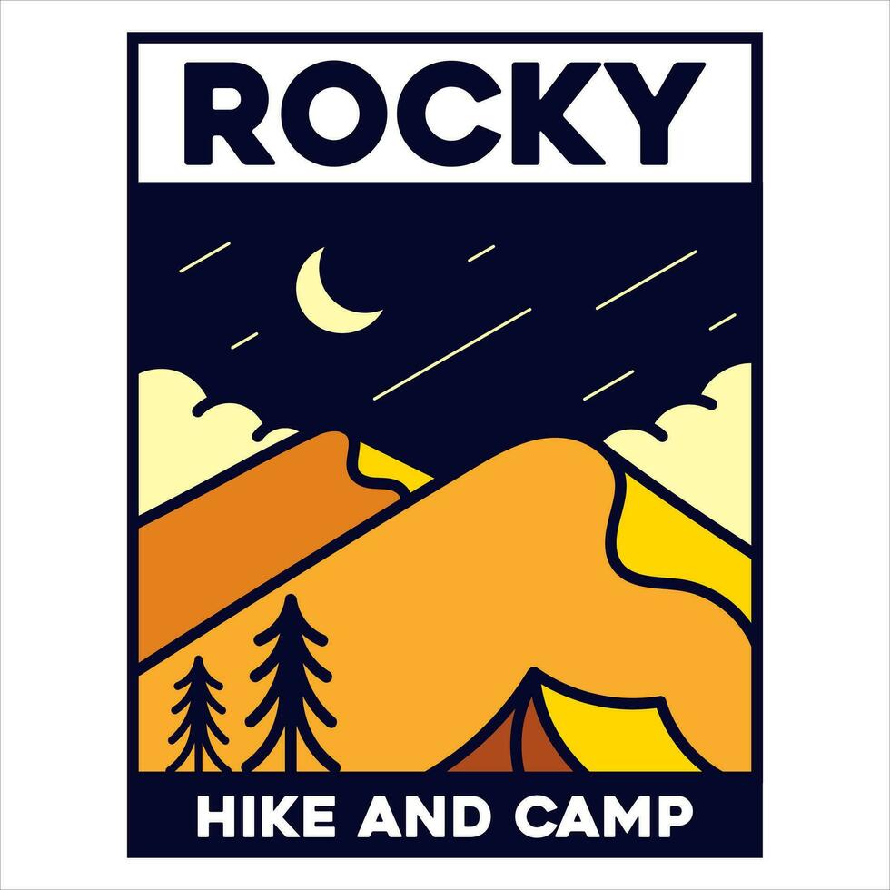 rocheux une randonnée et camp aventure badge t pour T-shirt dessins Vêtements et logo marque, été désert logo signe illustration vecteur