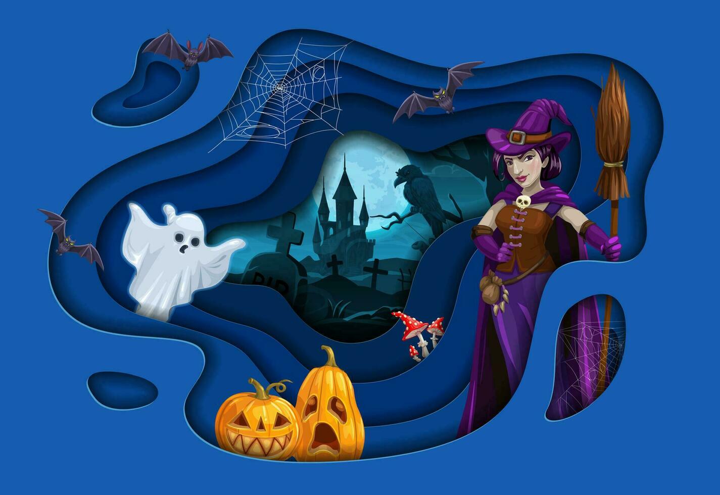 Halloween papier Couper paysage avec dessin animé sorcière vecteur