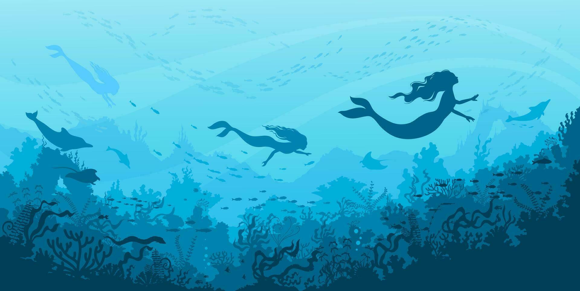 sous-marin mer paysage avec Sirène silhouettes vecteur
