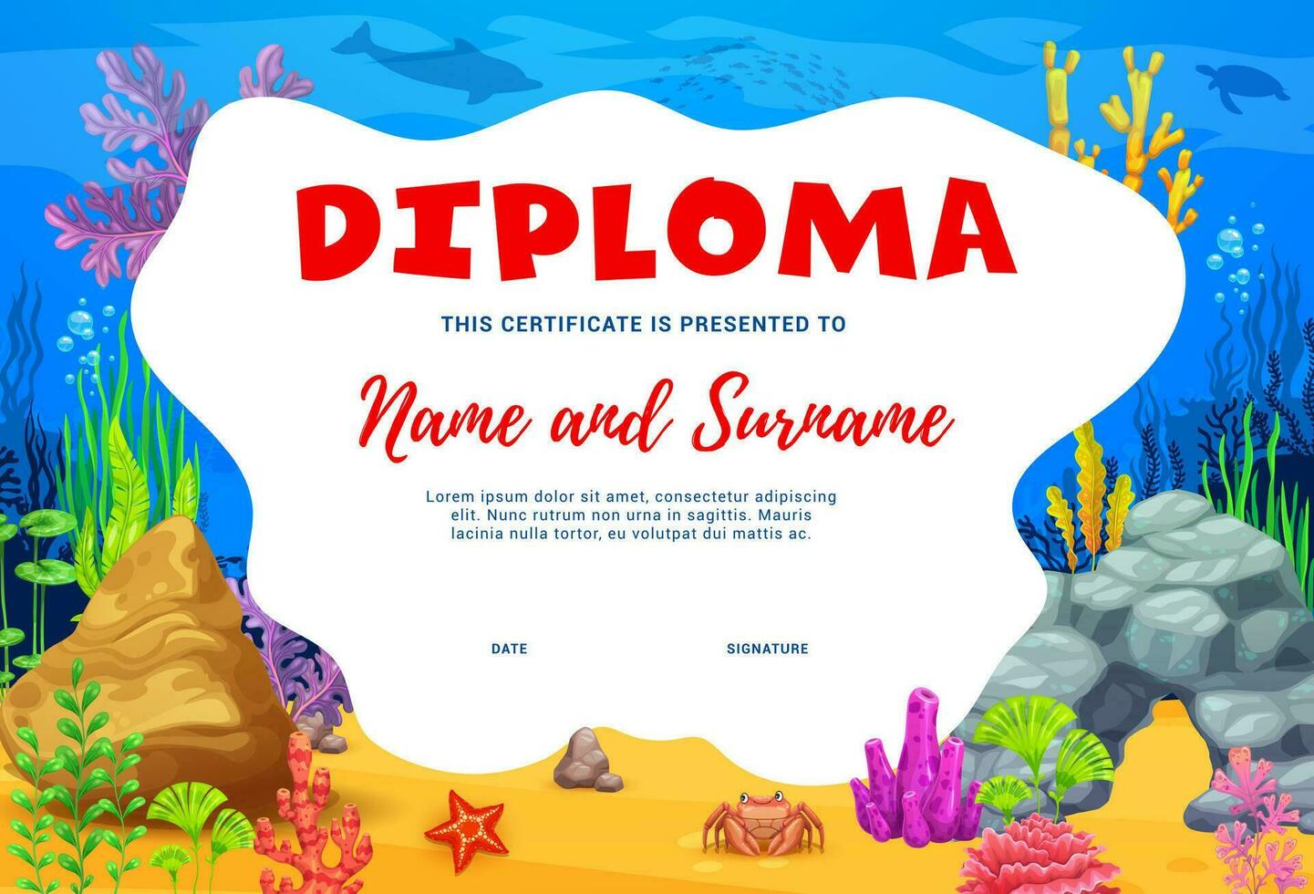 des gamins diplôme certificat avec sous-marin paysage vecteur