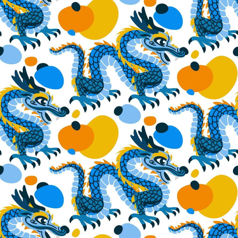 vecteur sans couture modèle avec bleu chinois dragons avec taches. dessiné à la main. abstrait art imprimer. fond d'écran, en tissu conception, tissu, serviette de table, textile conception modèle, Contexte. mythologique. année dragon