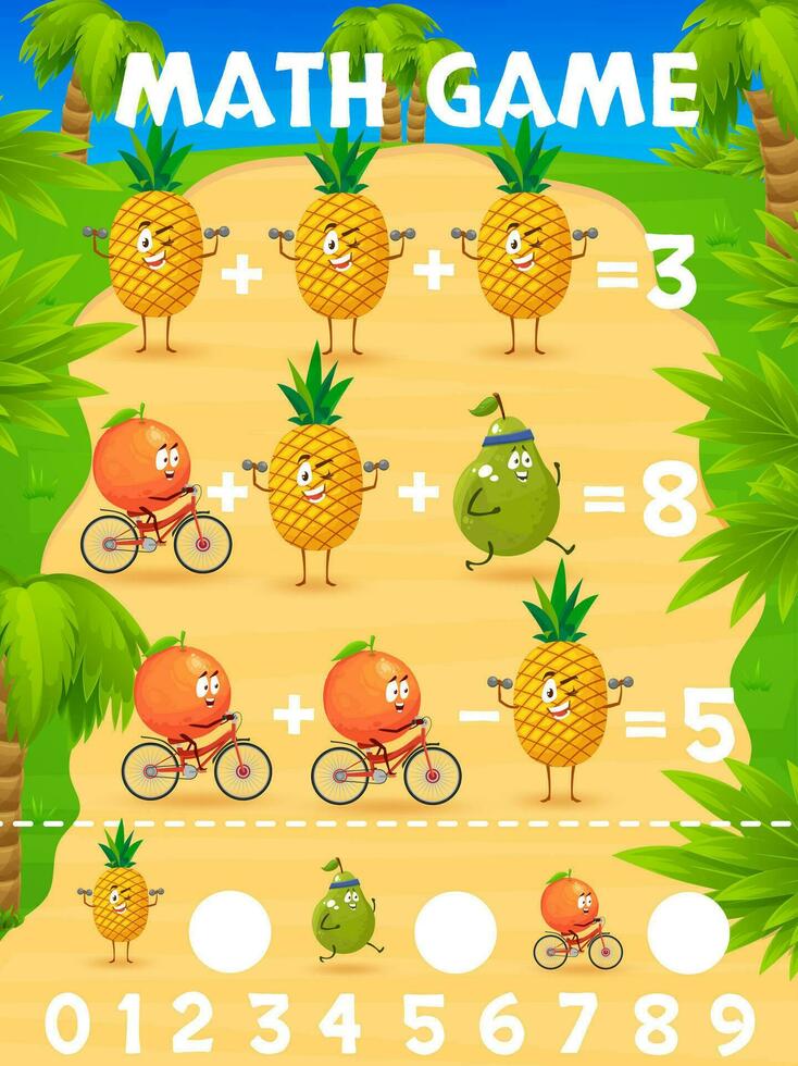 math Jeu feuille de travail dessin animé des fruits des sportifs vecteur