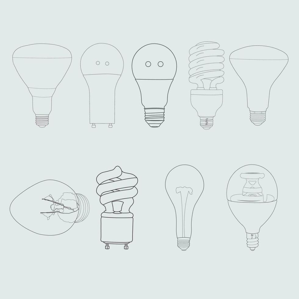 réaliste vecteur fichier de lumière ampoules. dirigé, incandescent et énergie économie lumière ampoules. fluorescent énergie Efficacité lumière ampoules, les lampes, éclairage équipement. vecteur illustration, ligne art, eps10