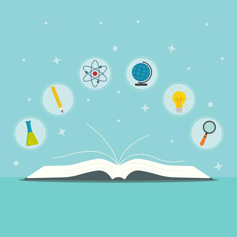 illustration avec livre et Icônes ballon, crayon, atome, globe, lumière ampoule, loupe. école, apprentissage, éducation vecteur