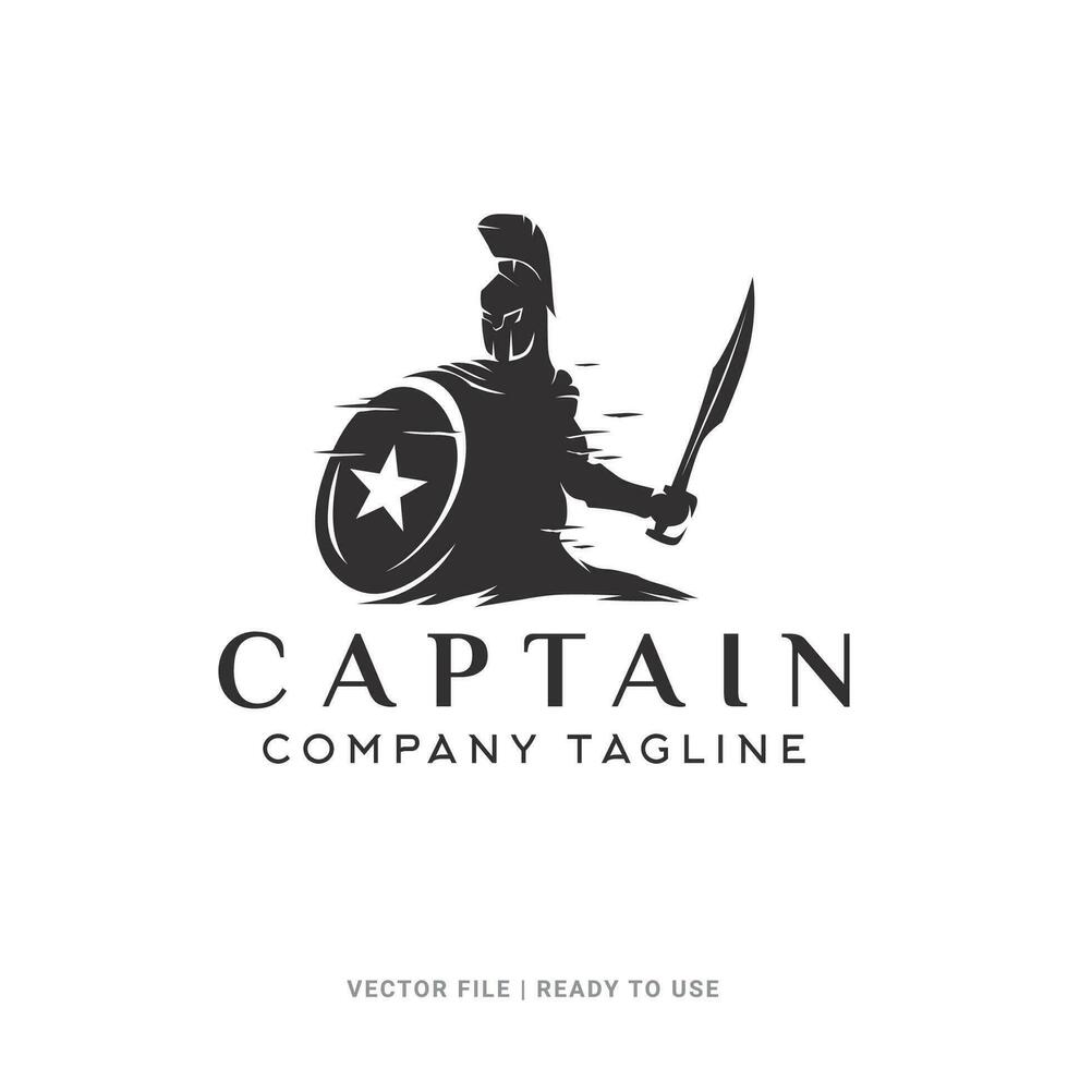 spartiate Chevalier avec bouclier et épée silhouette vecteur, Sparte capitaine logo conception avec étoile sur bouclier. adapté pour affiche, prospectus, salutation cartes, autocollant, social médias et T-shirt conception vecteur