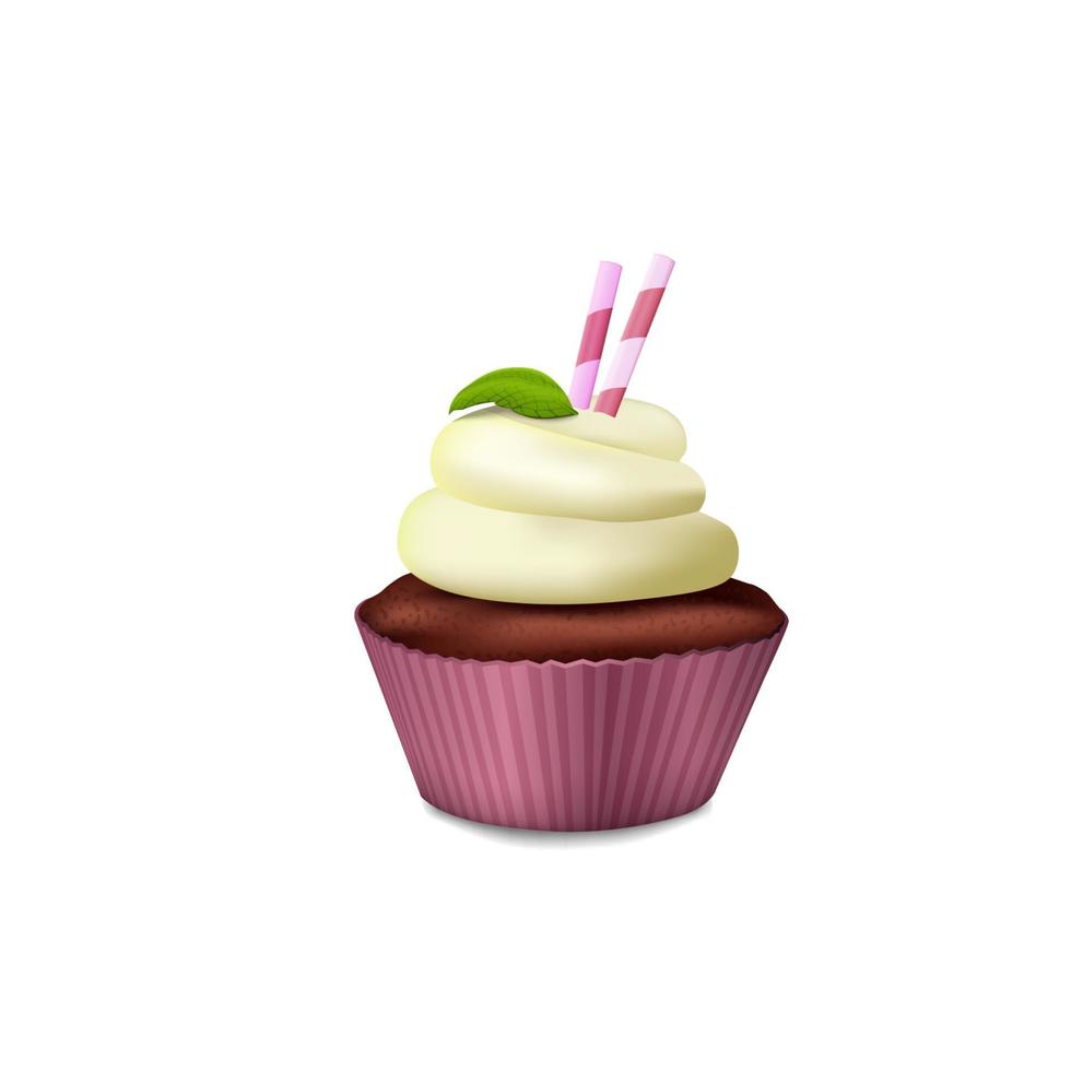 cupcake dans un panier violet avec de la crème blanche, de délicieux petits pains et des feuilles de menthe dans un style 3d de dessin animé isolé sur fond blanc vecteur