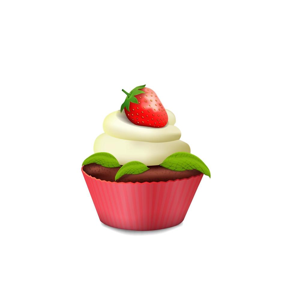 cupcake dans un panier rose avec de la crème blanche, des fraises et de la menthe en style cartoon isolé sur fond blanc vecteur