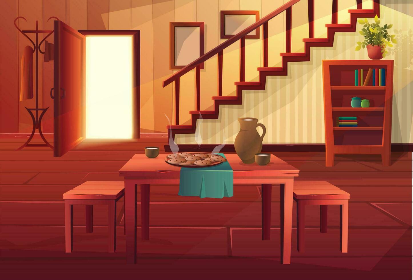 vecteur dessin animé style illustration de maison intérieur. entrée ouvert porte avec escaliers et rustique ancien meubles et en bois sol. à manger table avec chaud repas sur il.