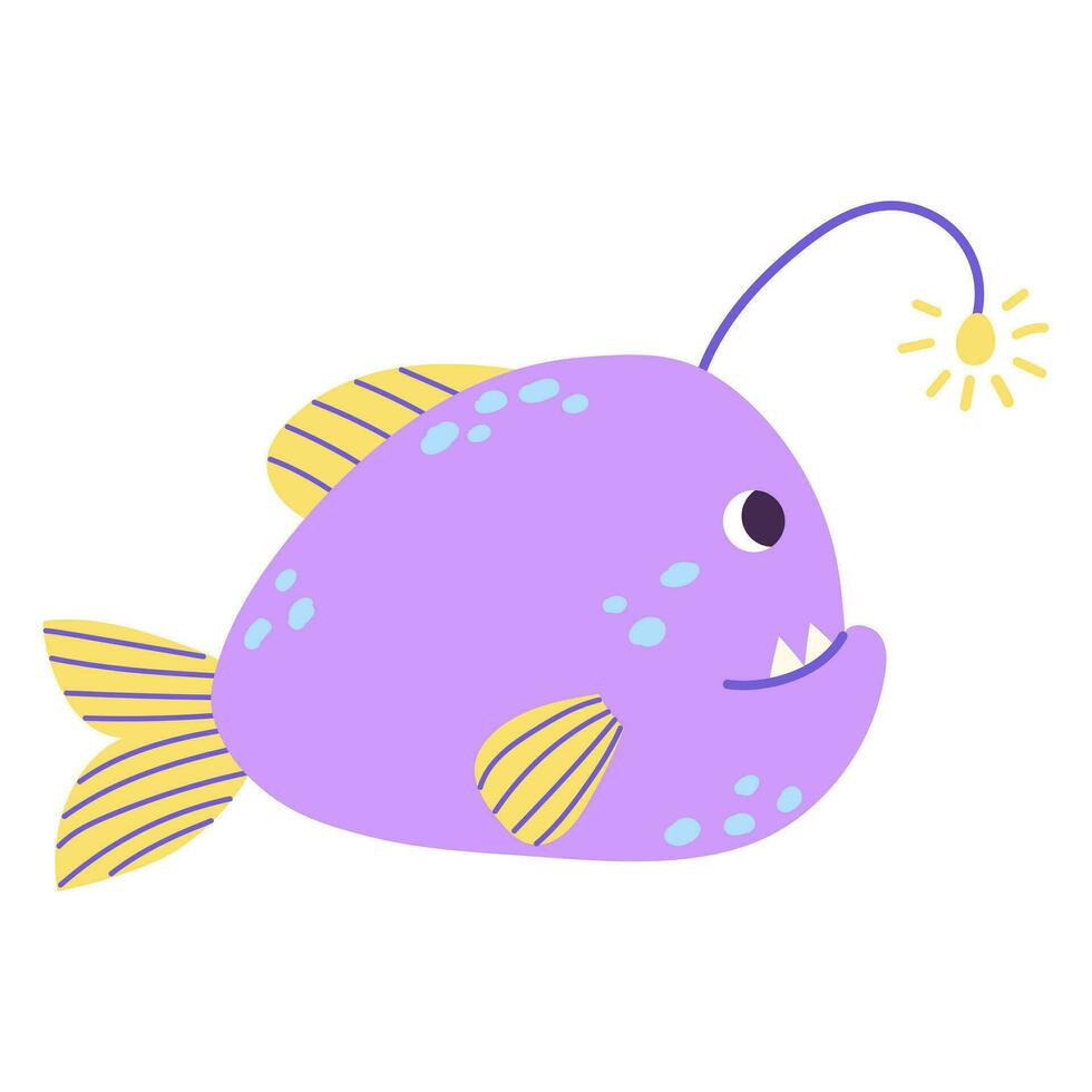 isolé dessin animé Jaune violet Marin pêcheur poisson avec bleu blobs dans main tiré plat style sur blanc Contexte. vecteur