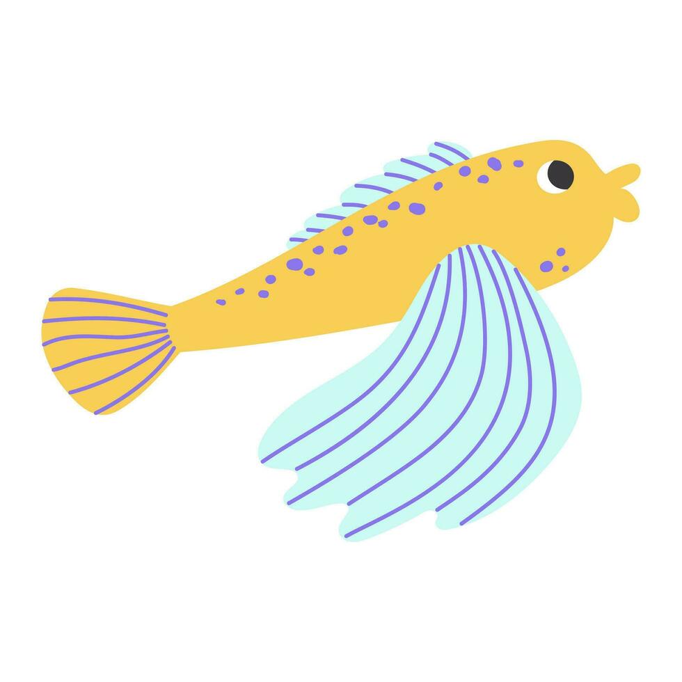 isolé dessin animé Jaune bleu Marin en volant poisson avec taches dans main tiré plat style sur blanc Contexte. vecteur