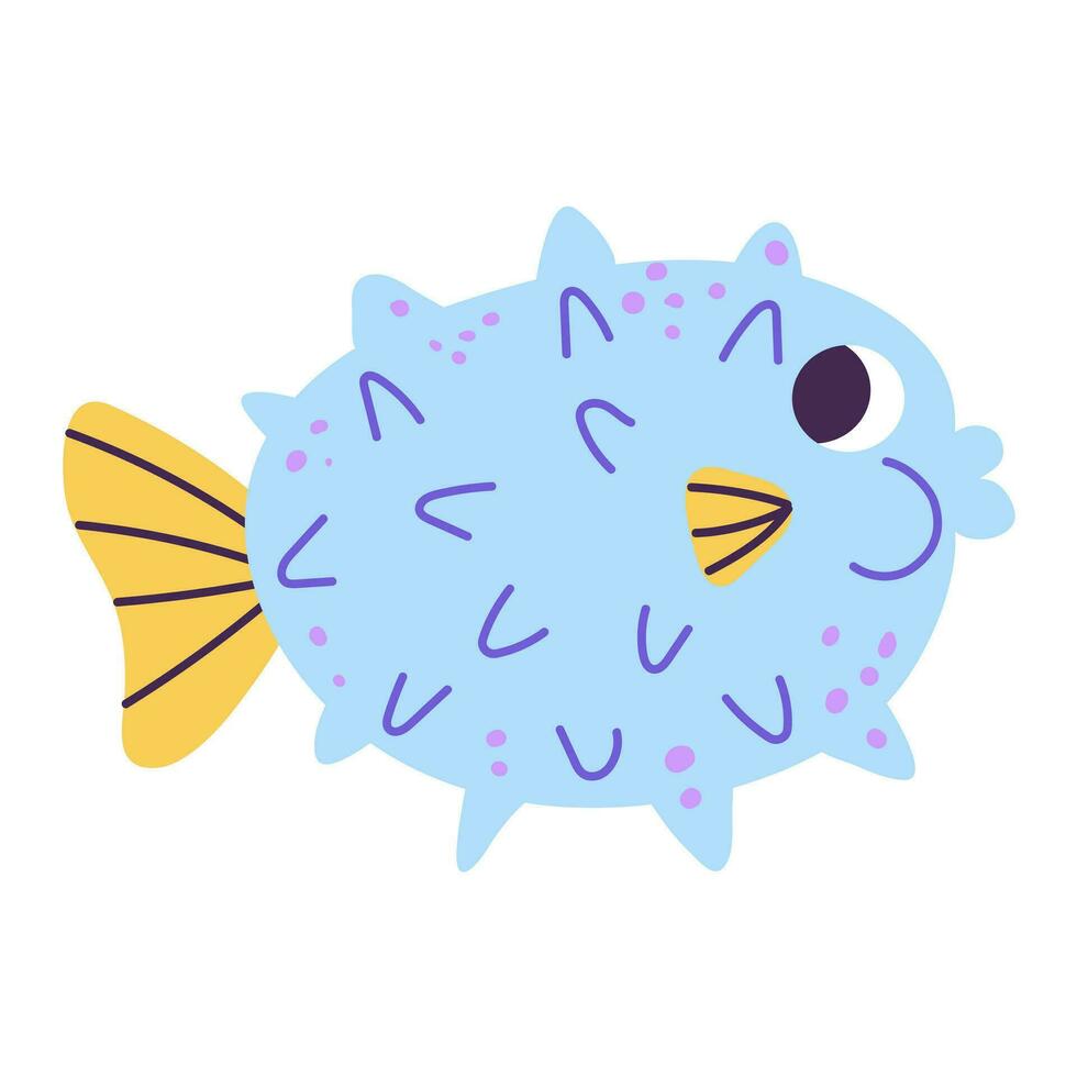 isolé dessin animé gonflé bleu Marin puffer poisson avec taches dans main tiré plat style sur blanc Contexte. vecteur