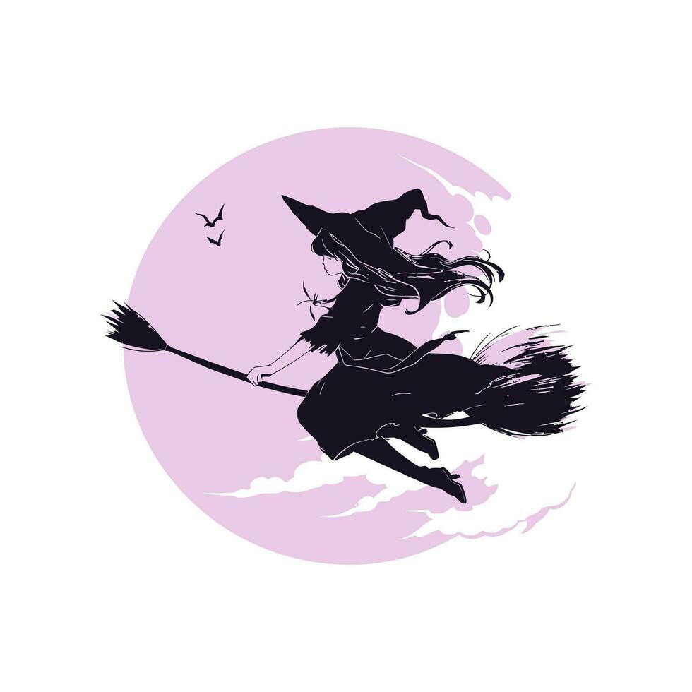 une sorcière en volant à travers le plein lune sur sa manche à balai sur Halloween nuit. vecteur illustration.