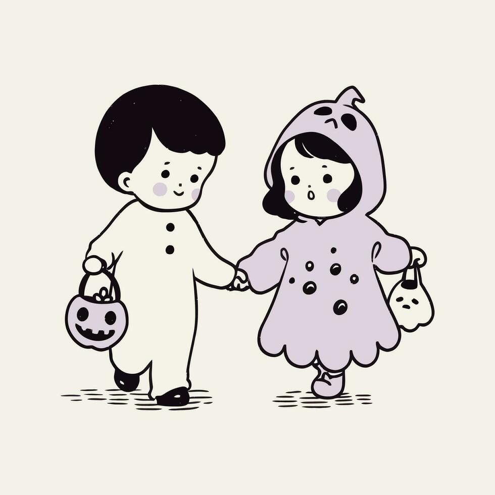les enfants tour - ou - traiter dans fait maison costumes sur une croustillant Halloween nuit. vecteur illustration.