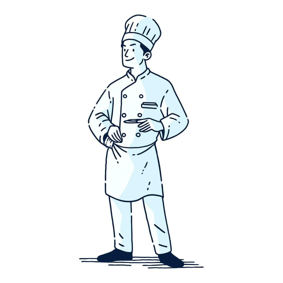 une cuisine chef dans minimaliste main tiré style vecteur illustration