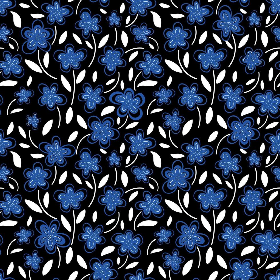 modèle sans couture de fleurs de camomille bleue sur un motif de background.spring noir. illustration de plat de vecteur