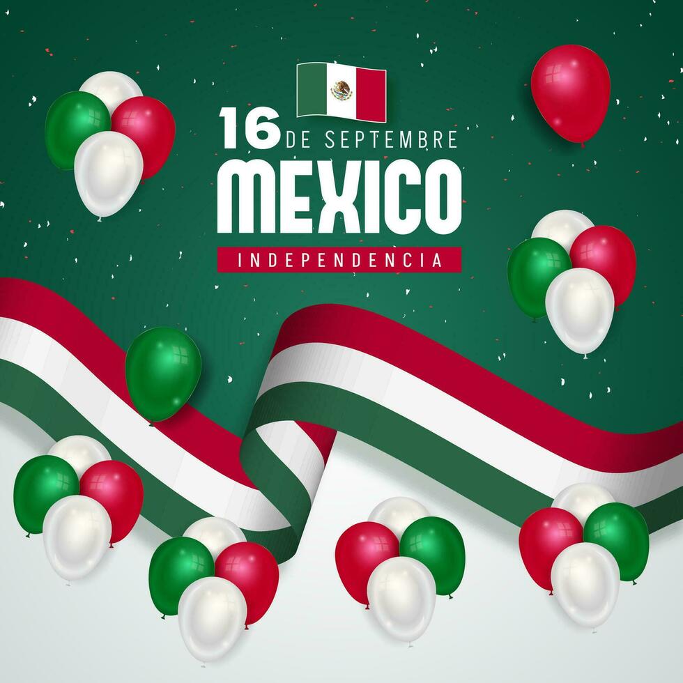 content Mexique indépendance journée septembre 16e avec drapeau des ballons confettis et ruban illustration vecteur