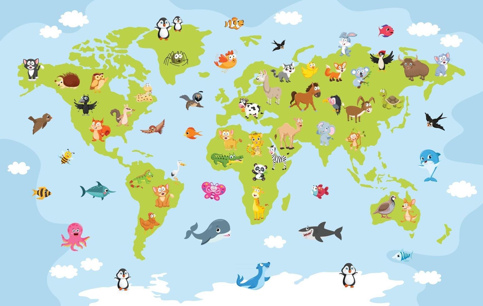 carte du monde avec des animaux de dessin animé vecteur