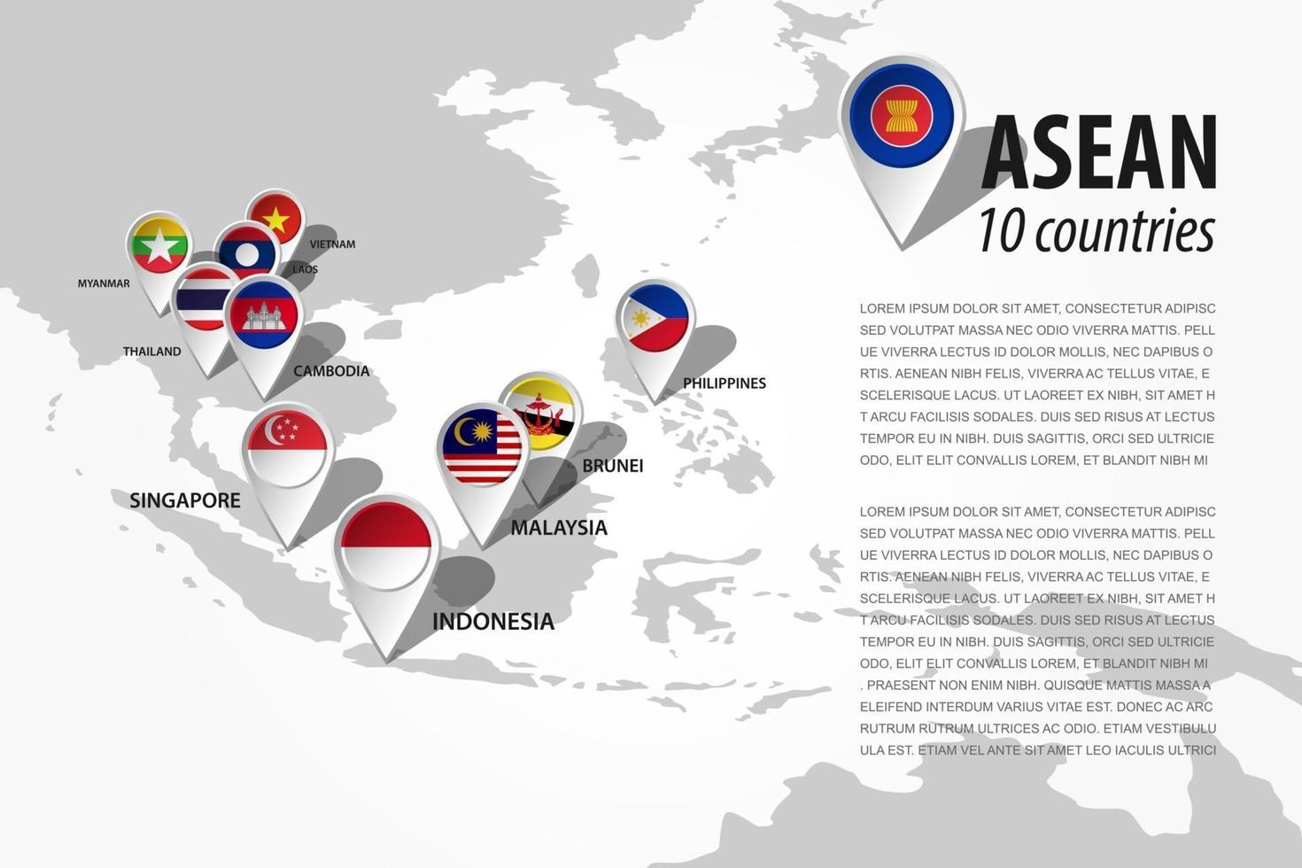 association asean des nations de l'asie du sud-est et broche de localisation du navigateur gps avec le drapeau du pays d'appartenance sur la carte du monde. vecteur. vecteur