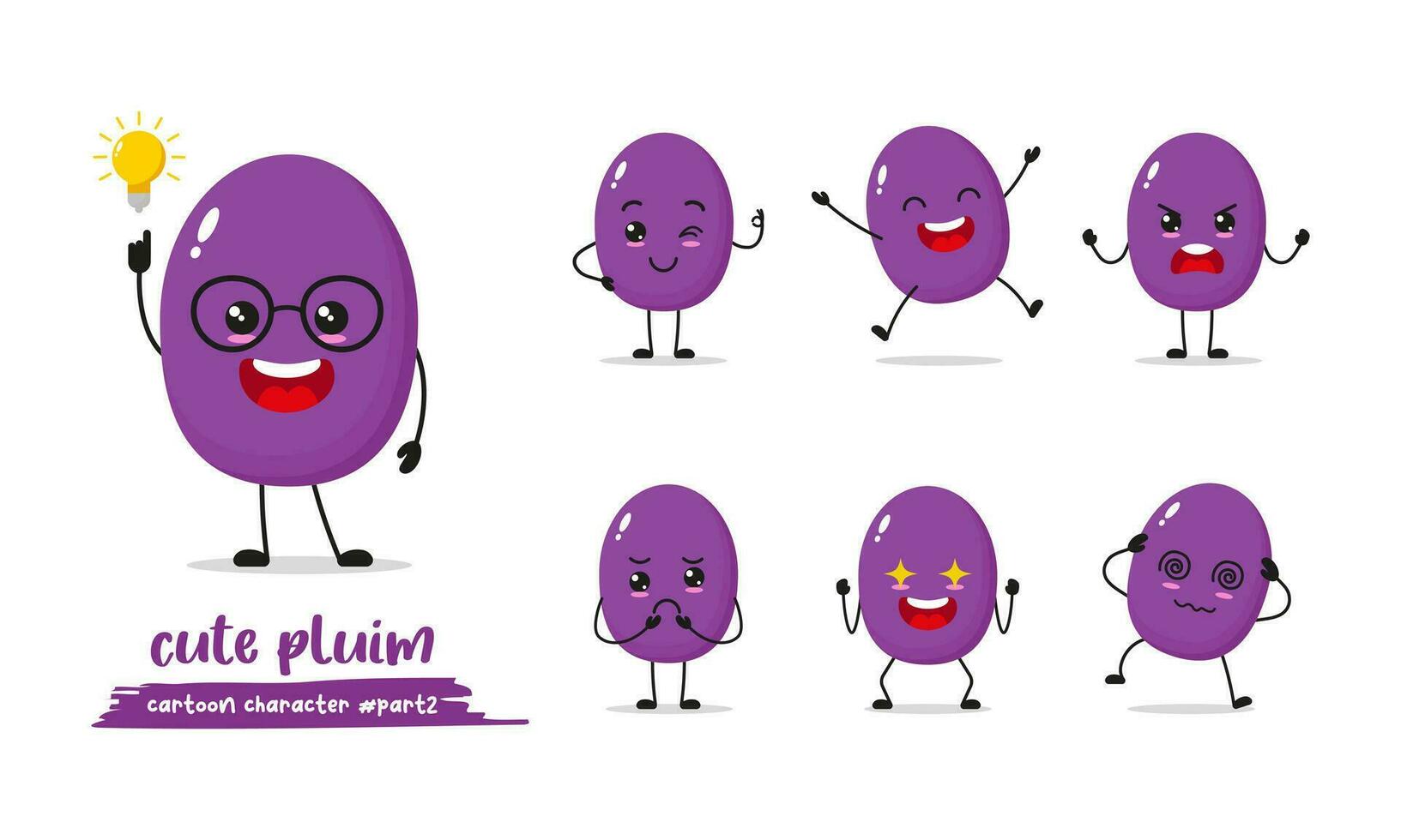 prune dessin animé avec beaucoup expressions. différent fruit activité vecteur illustration plat conception. intelligent prune pour les enfants récit livre.