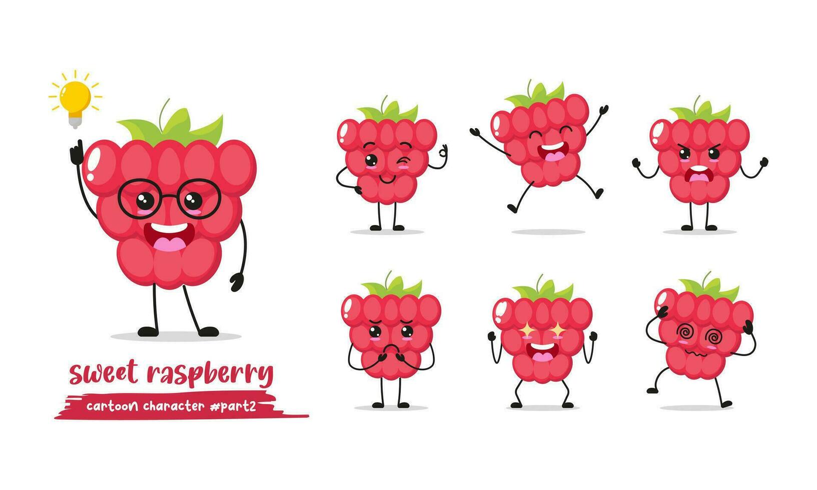 framboise dessin animé avec beaucoup expressions. différent fruit activité vecteur illustration plat conception. intelligent baies pour les enfants récit livre.