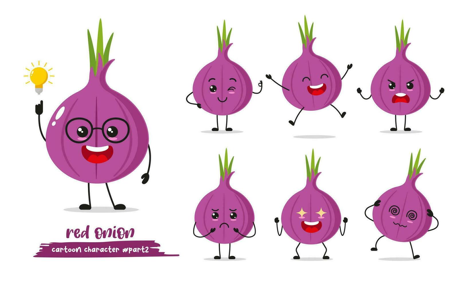 Couper rouge oignon échalote dessin animé avec beaucoup expressions. différent légume activité vecteur illustration plat conception. intelligent un radis pour les enfants récit livre.