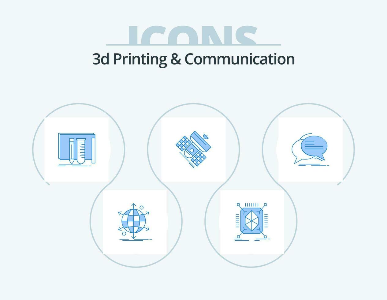 3d impression et la communication bleu icône pack 5 icône conception. Satellite. diffusion. structuré. diffuser. laboratoire vecteur