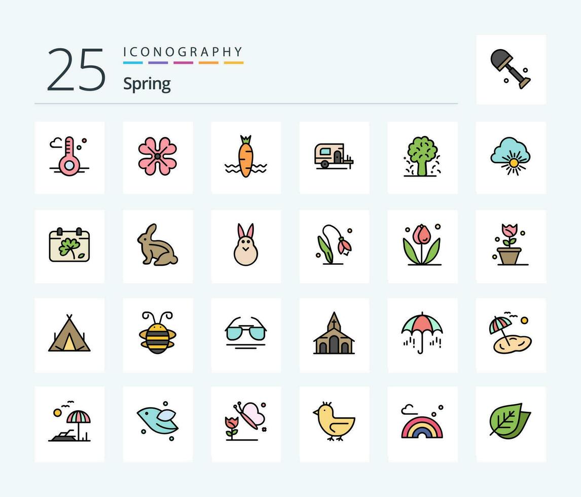 printemps 25 ligne rempli icône pack comprenant Pomme arbre. arbre. carotte. printemps. voiture vecteur