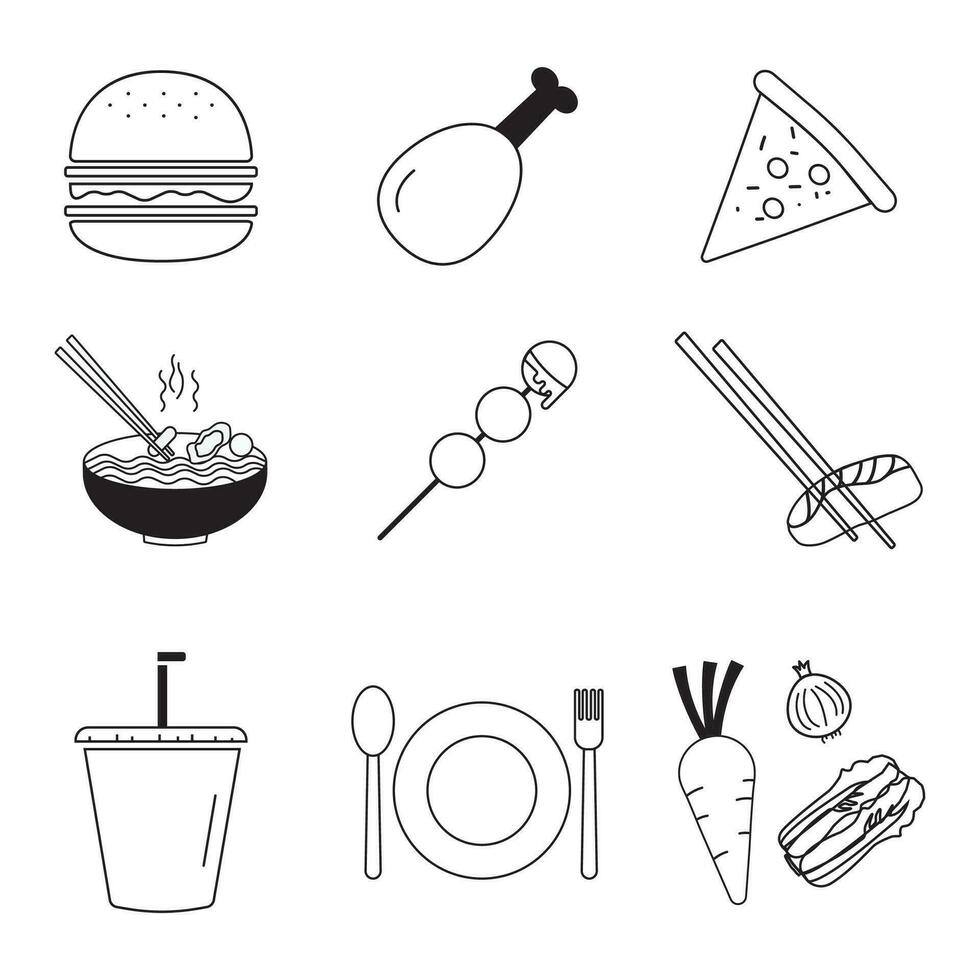 nourriture icône ensemble de hamburgers, frit poulet, Sushi, nouilles, légumes, carottes, chou, oignons, café boissons, pizza, Boulettes de viande, nourriture menu est tiré ligne plat noir isolé sur blanc vecteur illustration