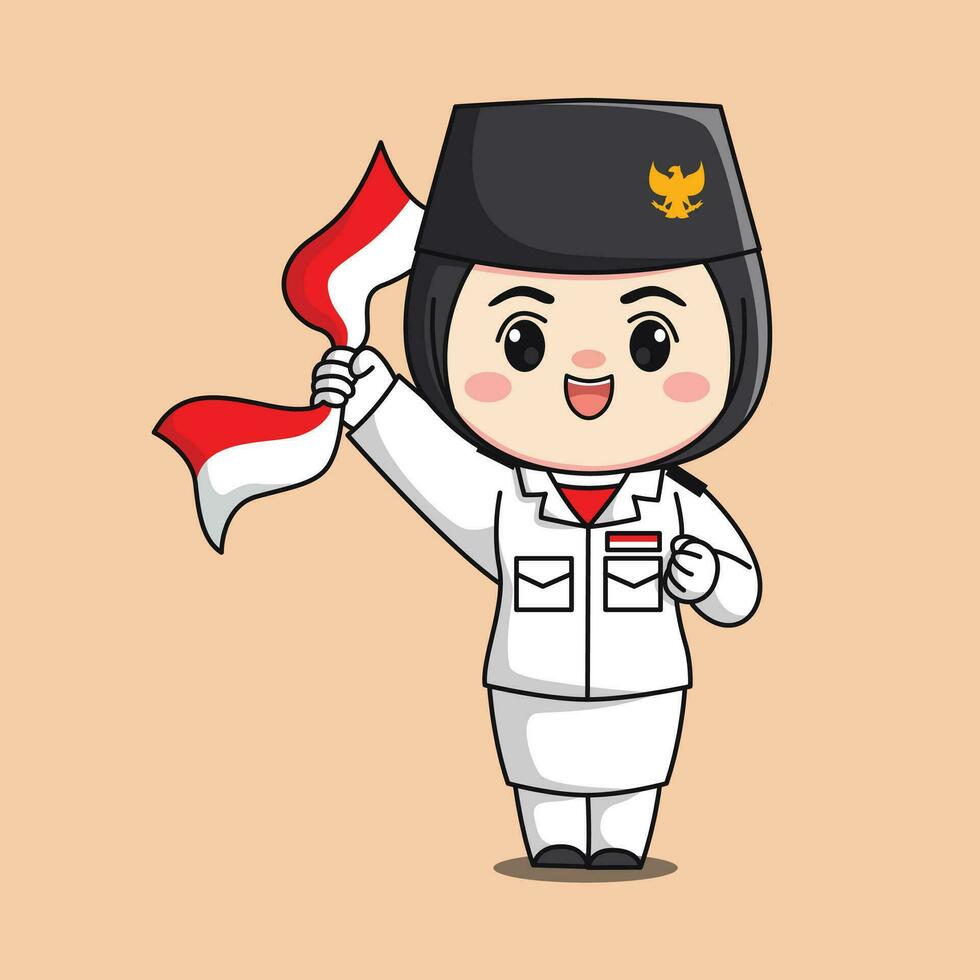 Indonésie indépendance journée drapeau éleveur hijab femelle personnage chibi kawaii plat dessin animé illustration vecteur