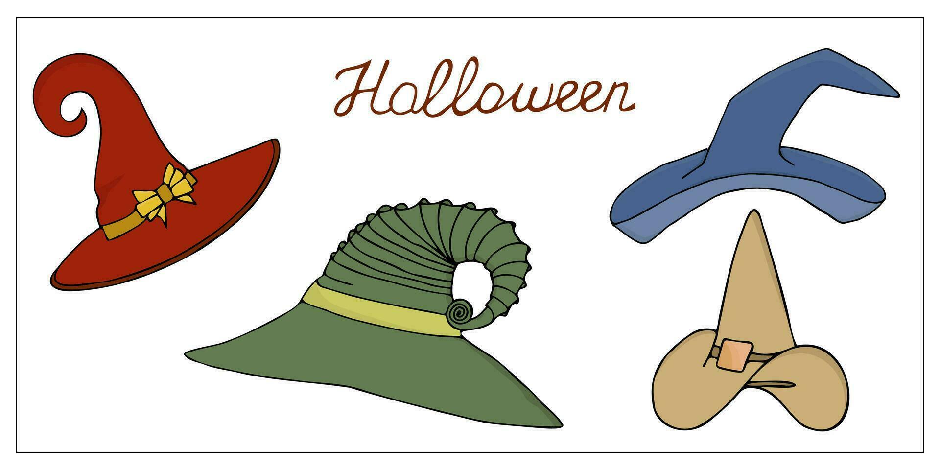 ensemble de coloré Halloween Chapeaux. collection de dessiné à la main griffonnage des illustrations de sorcière Chapeaux. Halloween décoration, autocollants. vecteur